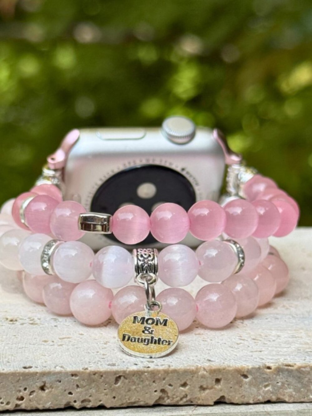 Apple Watch Band 42/44mm Rose Quartz Selenite Mom & Daughter Charm Bracelet Gift